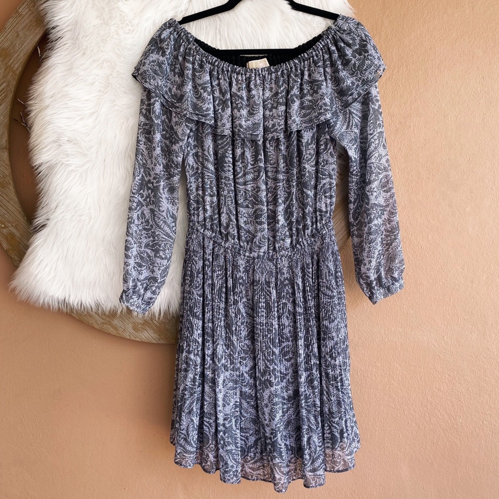 Michael Kors | Metallic Gray Off Shoulder Ruffle Dress